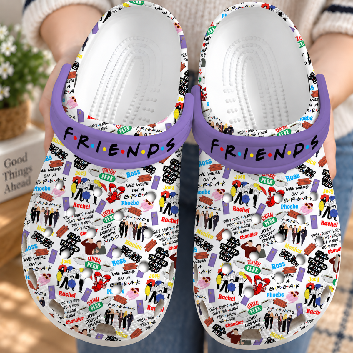 Friends TV Show Clogs, Central Perk & Iconic Quotes Print Slip-On Shoes