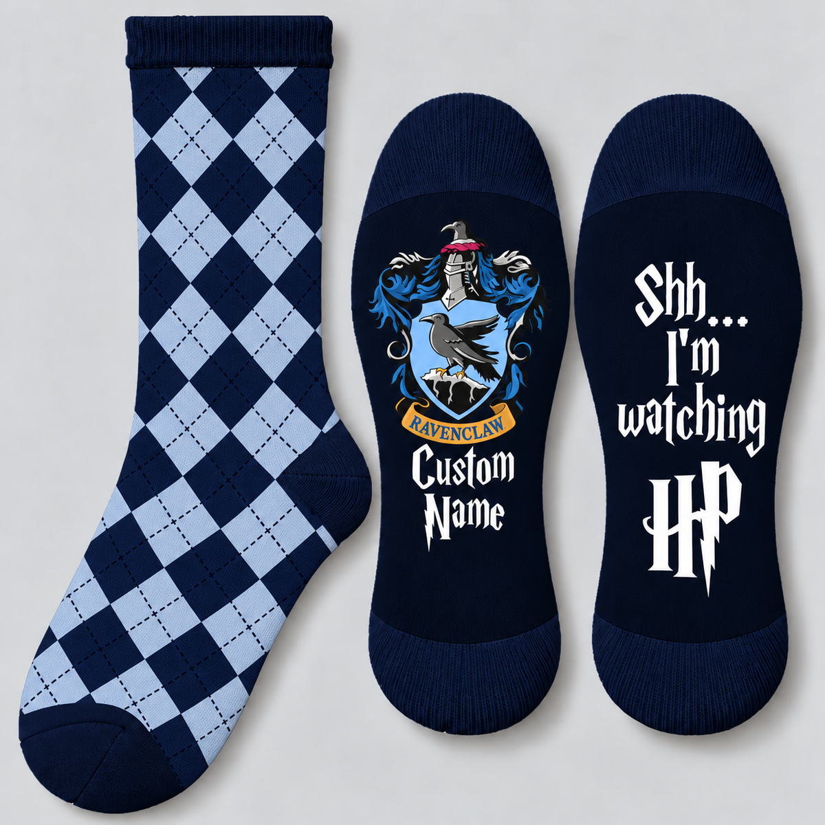 Personalized Wizard House Socks, Custom Name Checkered Socks with Eagle Crest