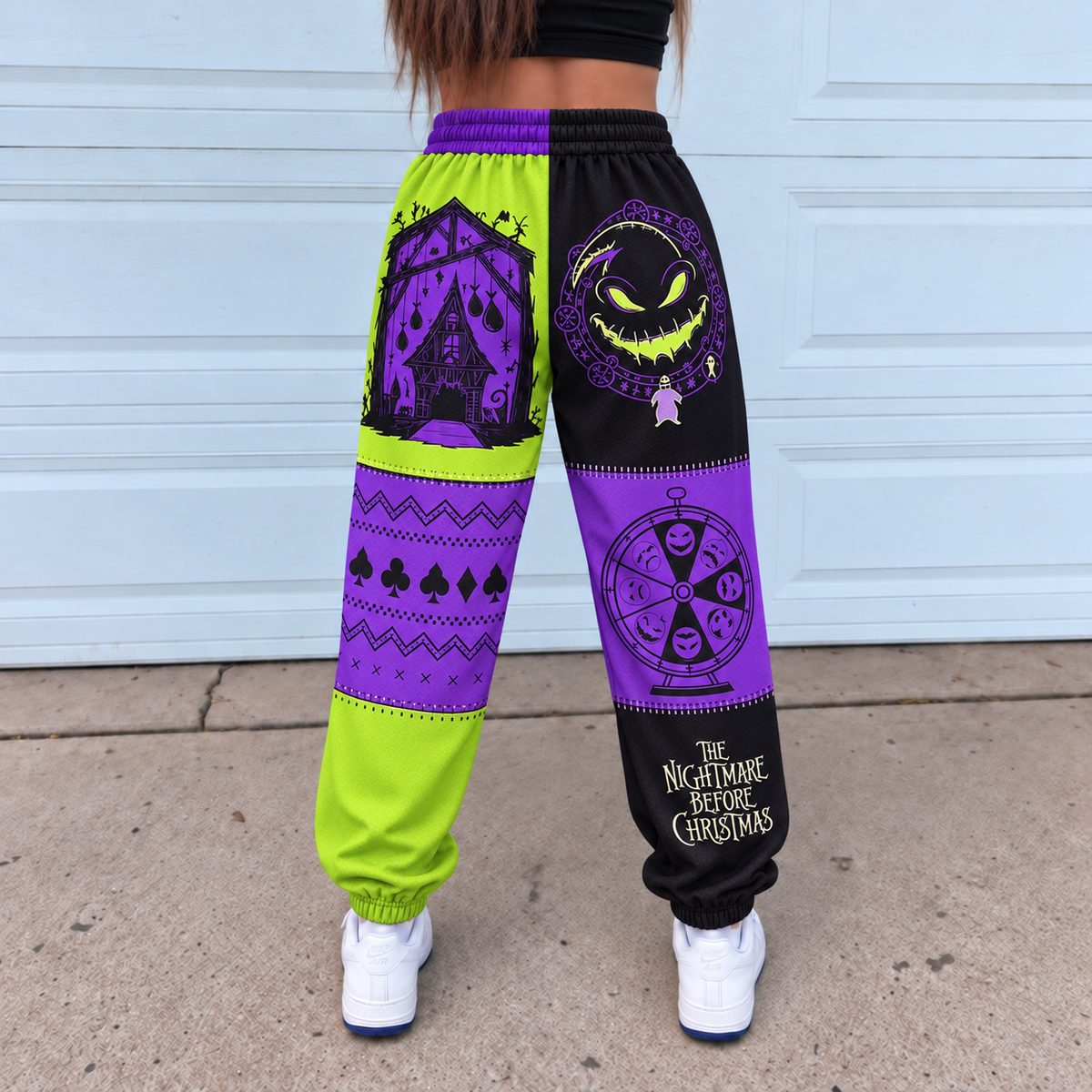 Oogie Boogie Jogger Pants, Green & Purple Patchwork Print