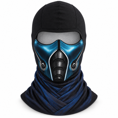 Ice Ninja Ski Mask, Blue Frost Armor Print Balaclava, Fighting Game Inspired Design, Gamer Gift