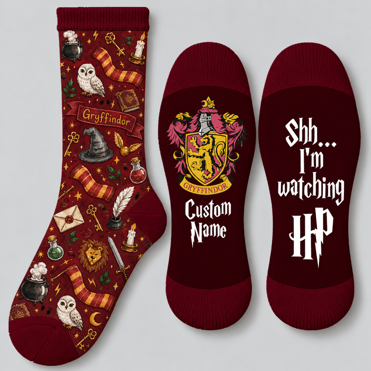 Personalized Wizard House Socks, Custom Name Socks with Lion Crest