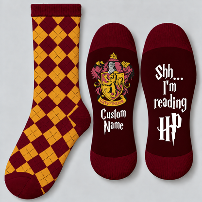 Personalized Wizard House Socks, Custom Name Checkered Socks with Lion Crest