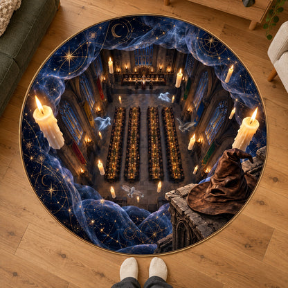 Enchanted Banquet Hall 3D Illusion Round Rug – Starry Night & Floating Candles