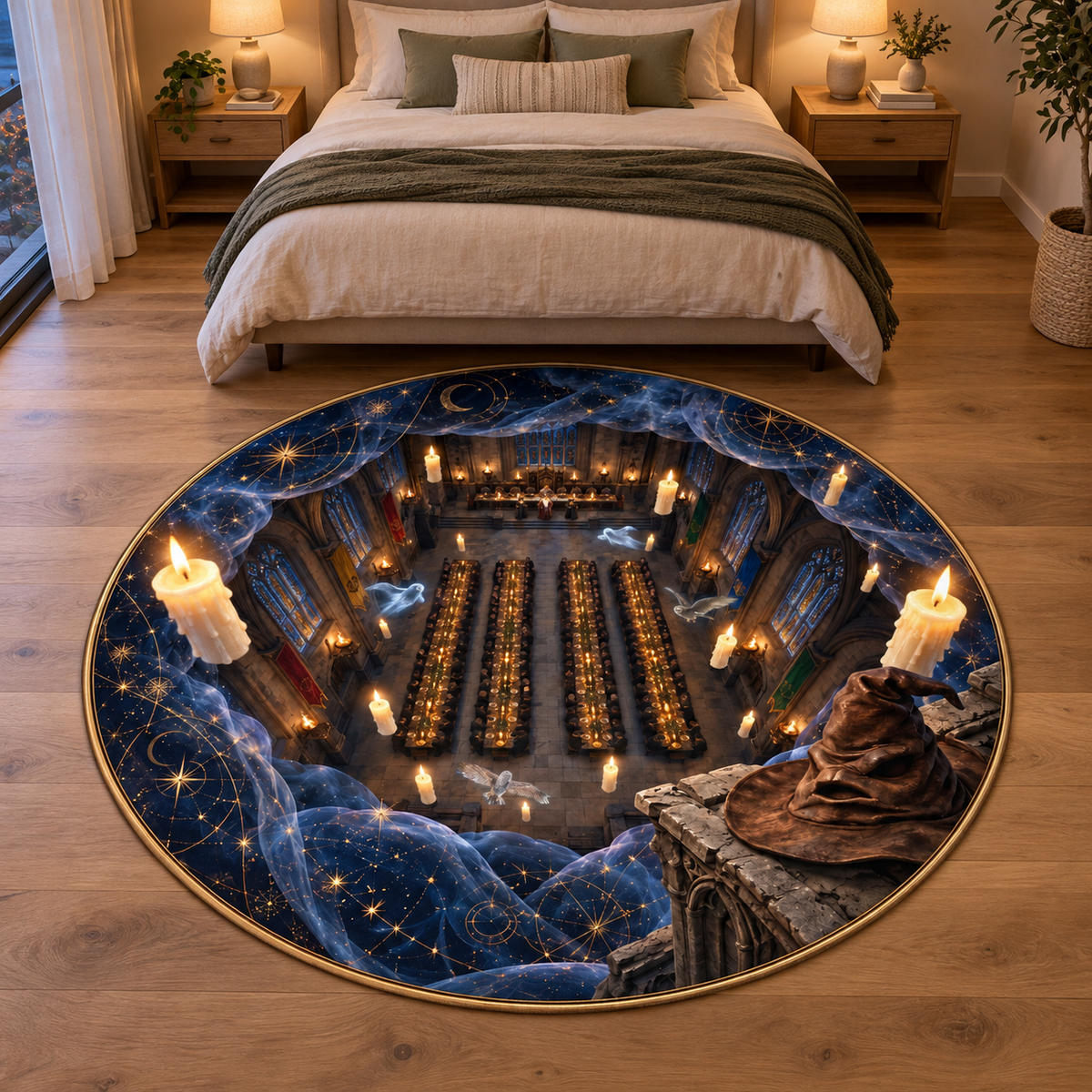 Enchanted Banquet Hall 3D Illusion Round Rug – Starry Night & Floating Candles