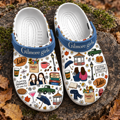 Gilmore Girls Clogs, Stars Hollow Slip-On Shoes with Luke’s Coffee and Book Print