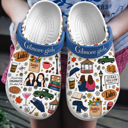Gilmore Girls Clogs, Stars Hollow Slip-On Shoes with Luke’s Coffee and Book Print