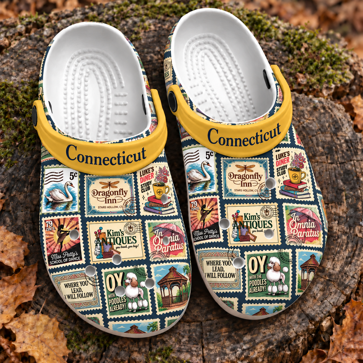 Gilmore Girls Connecticut Clogs, Stars Hollow Vintage Postage Stamp Print Slip-On Shoes