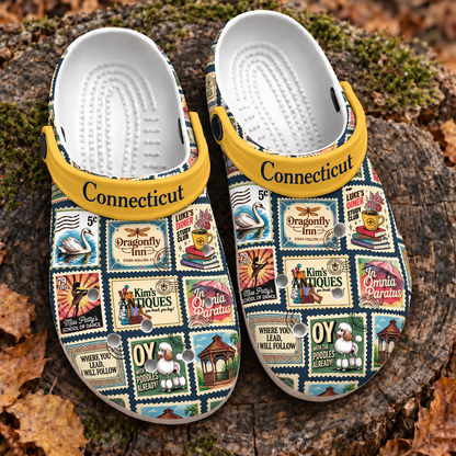 Gilmore Girls Connecticut Clogs, Stars Hollow Vintage Postage Stamp Print Slip-On Shoes