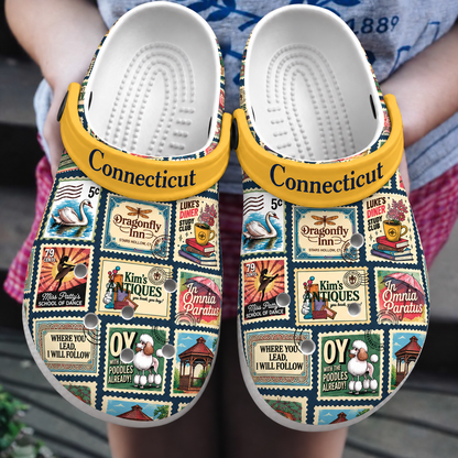 Gilmore Girls Connecticut Clogs, Stars Hollow Vintage Postage Stamp Print Slip-On Shoes