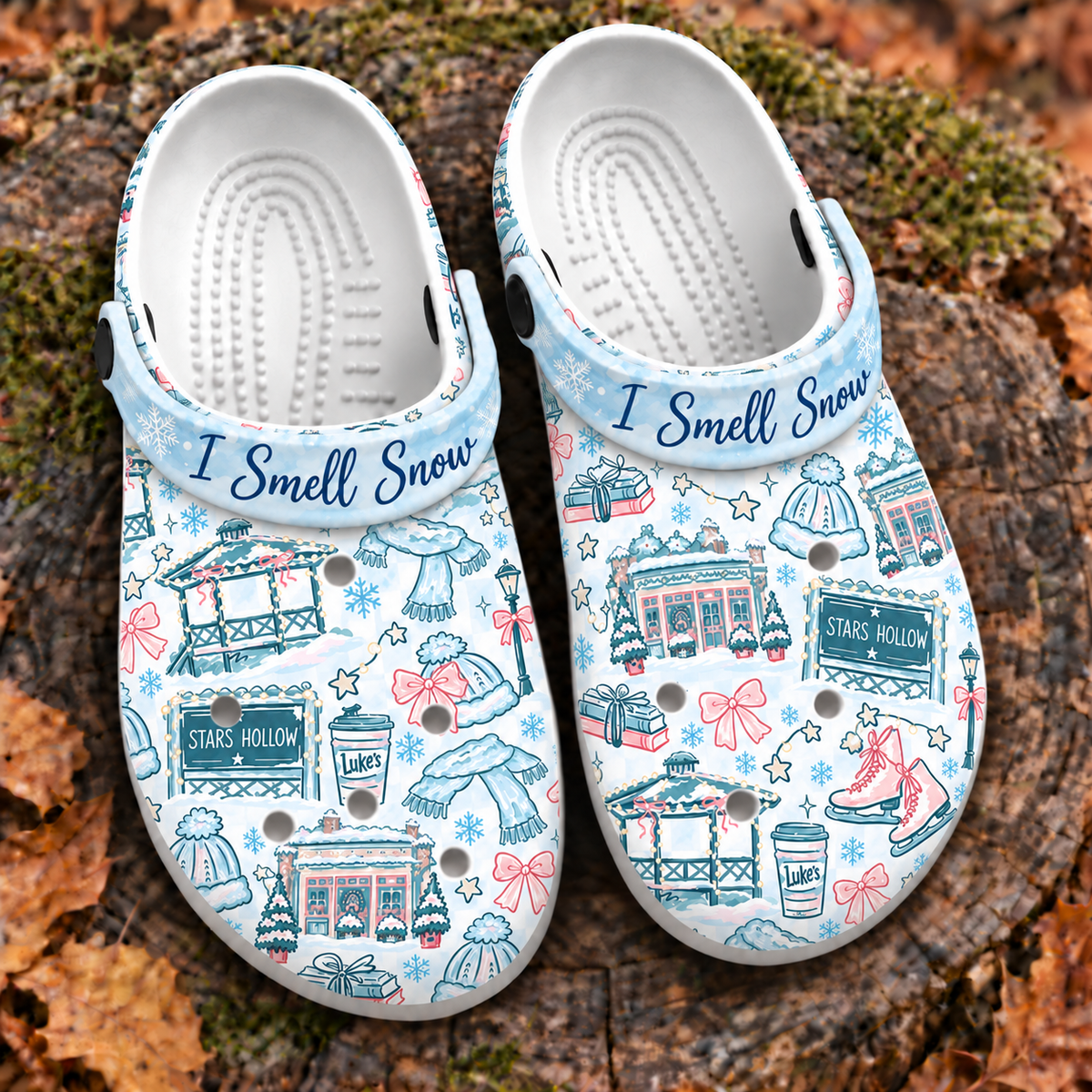 Gilmore Girls I Smell Snow Clogs, Stars Hollow Winter Print Slip-On Shoes