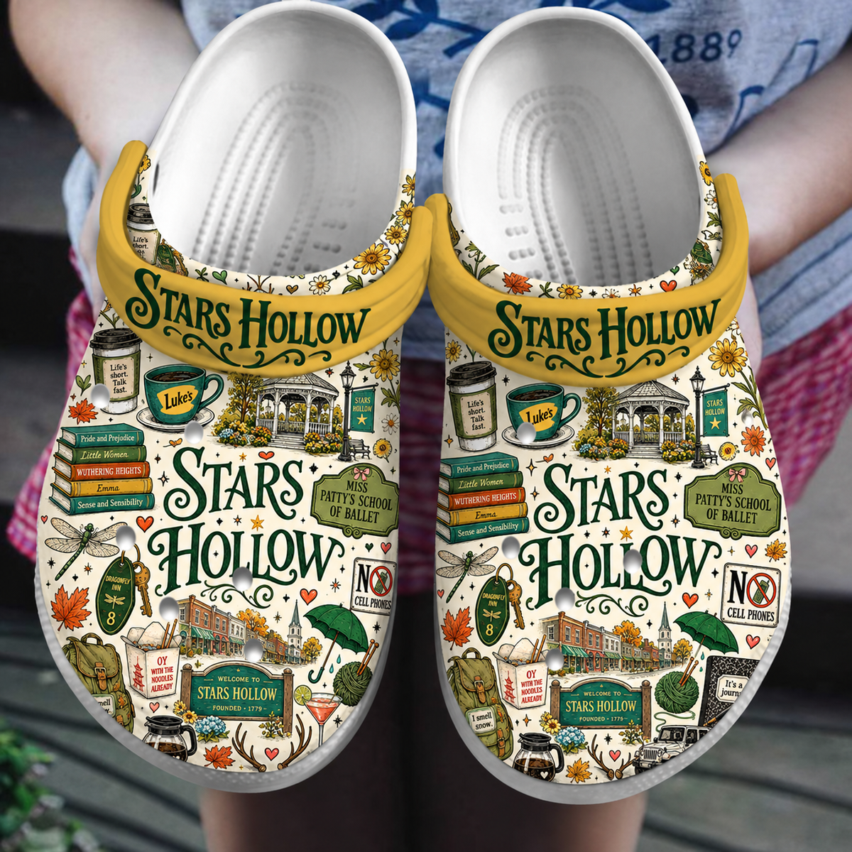 Gilmore Girls Stars Hollow Clogs, Luke’s Coffee & Book Print Slip-On Shoes
