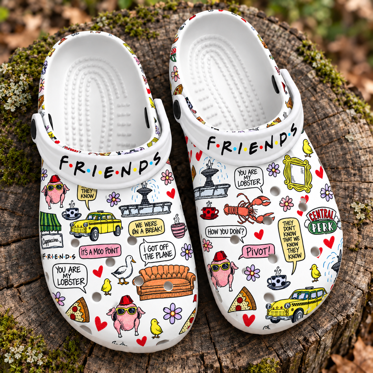 Friends TV Show Doodle Clogs, Central Perk & Funny Quotes Print Slip-On Shoes