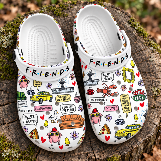 Friends TV Show Doodle Clogs, Central Perk & Funny Quotes Print Slip-On Shoes