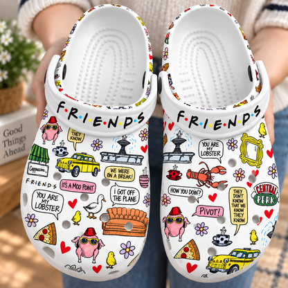 Friends TV Show Doodle Clogs, Central Perk & Funny Quotes Print Slip-On Shoes