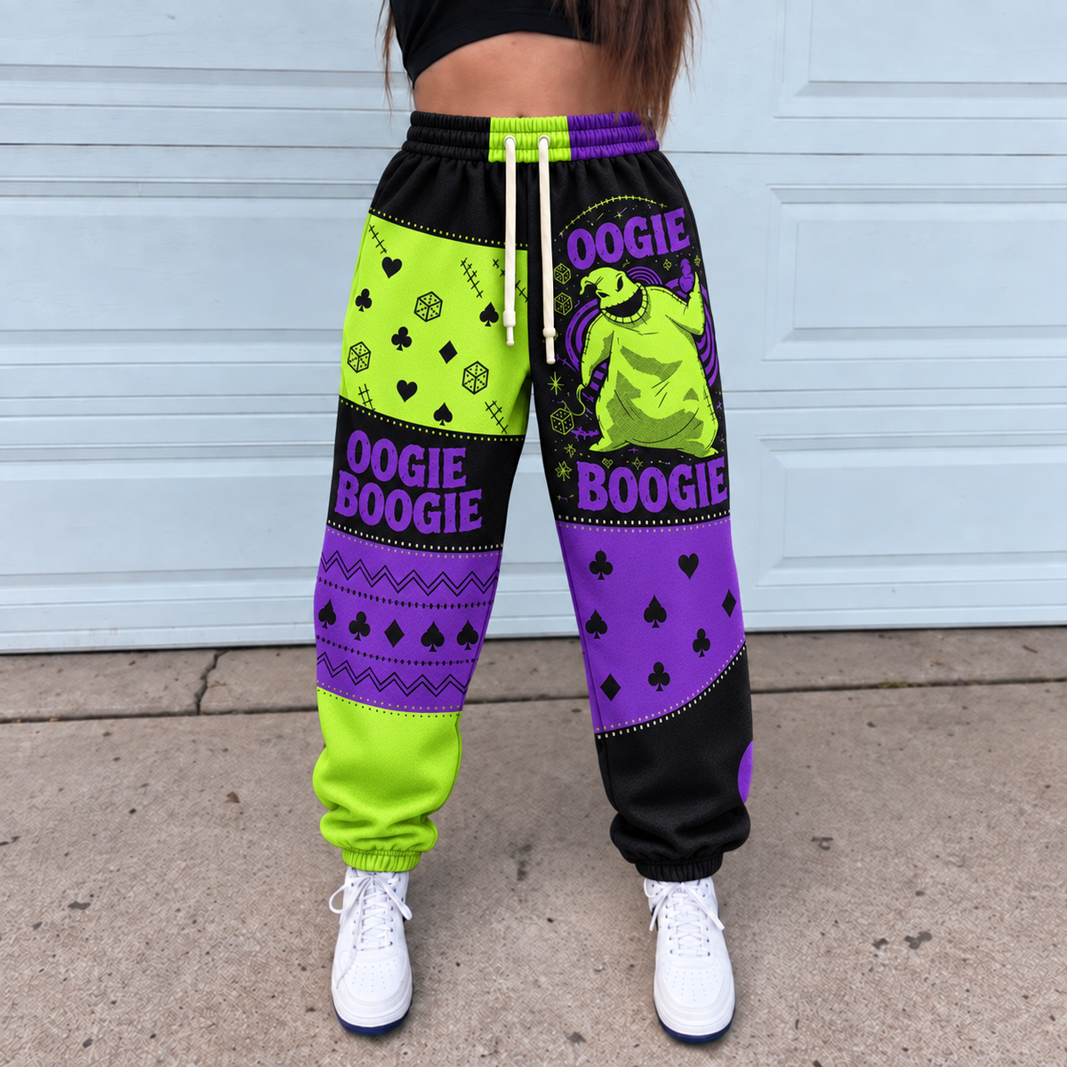 Oogie Boogie Jogger Pants, Green & Purple Patchwork Print