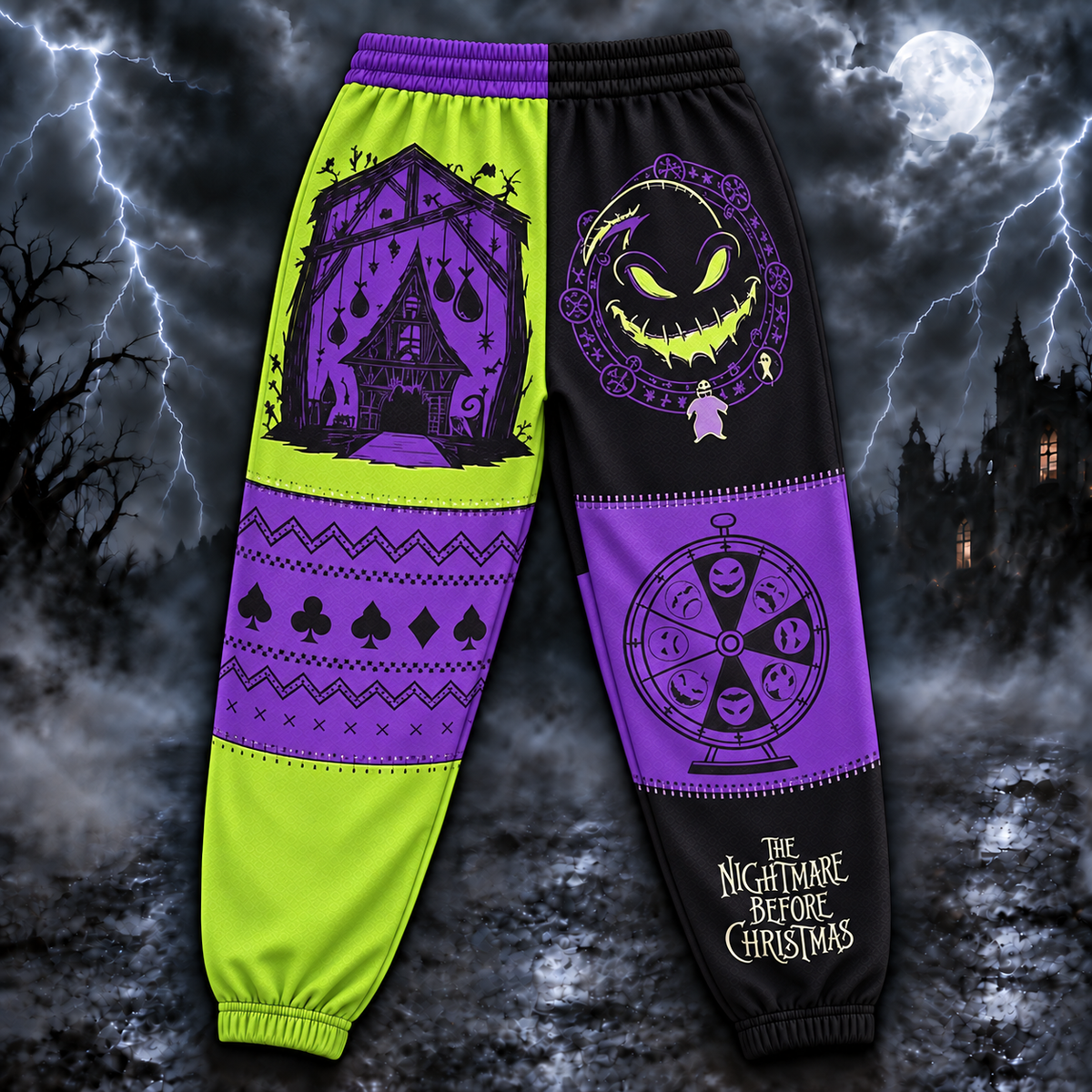 Oogie Boogie Jogger Pants, Green & Purple Patchwork Print
