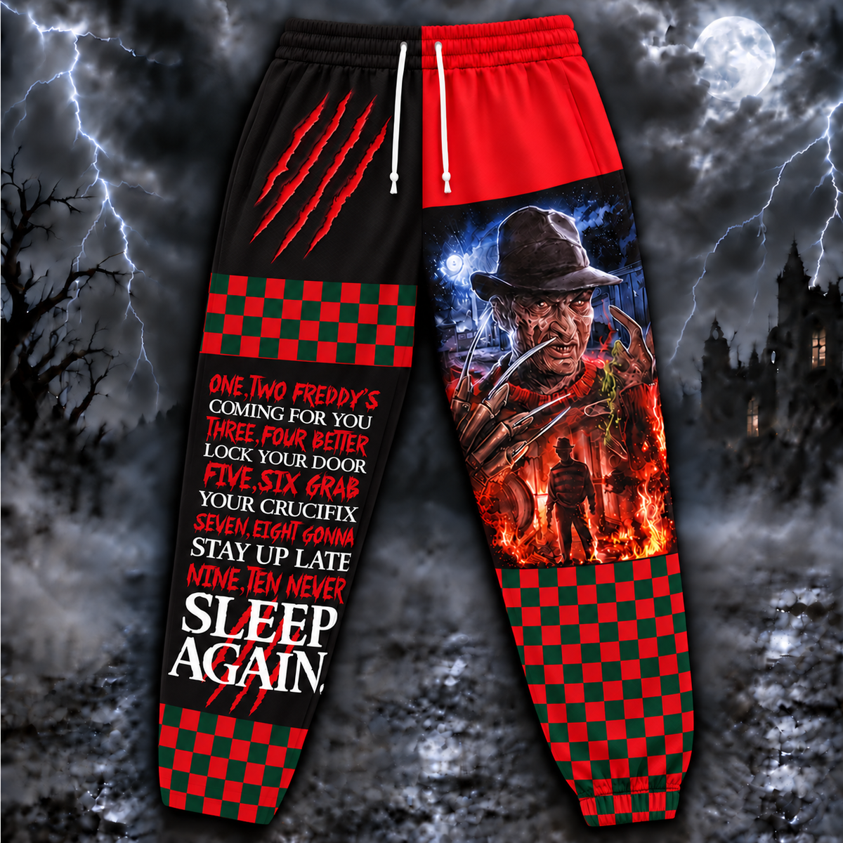 Freddy Krueger Jogger Pants, Red & Green Checkered Patchwork Print Lounge Pants