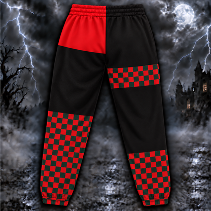 Freddy Krueger Jogger Pants, Red & Green Checkered Patchwork Print Lounge Pants