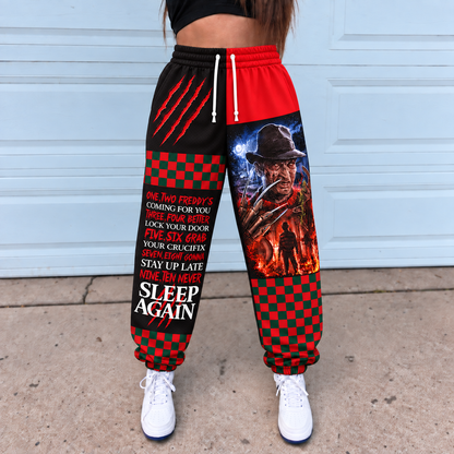 Freddy Krueger Jogger Pants, Red & Green Checkered Patchwork Print Lounge Pants