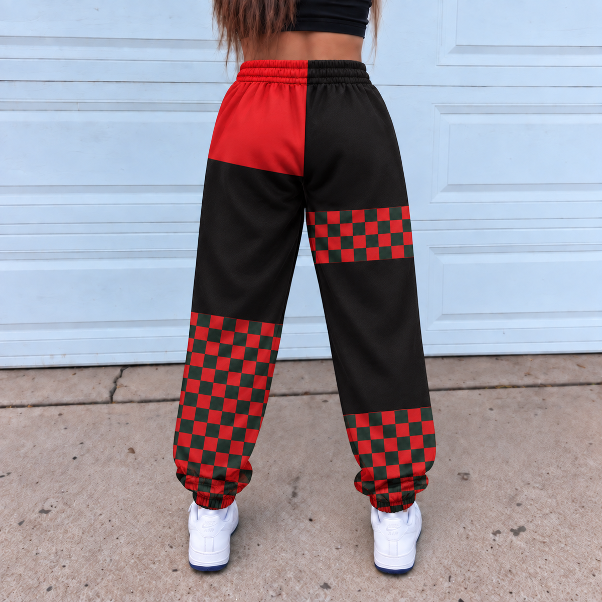Freddy Krueger Jogger Pants, Red & Green Checkered Patchwork Print Lounge Pants