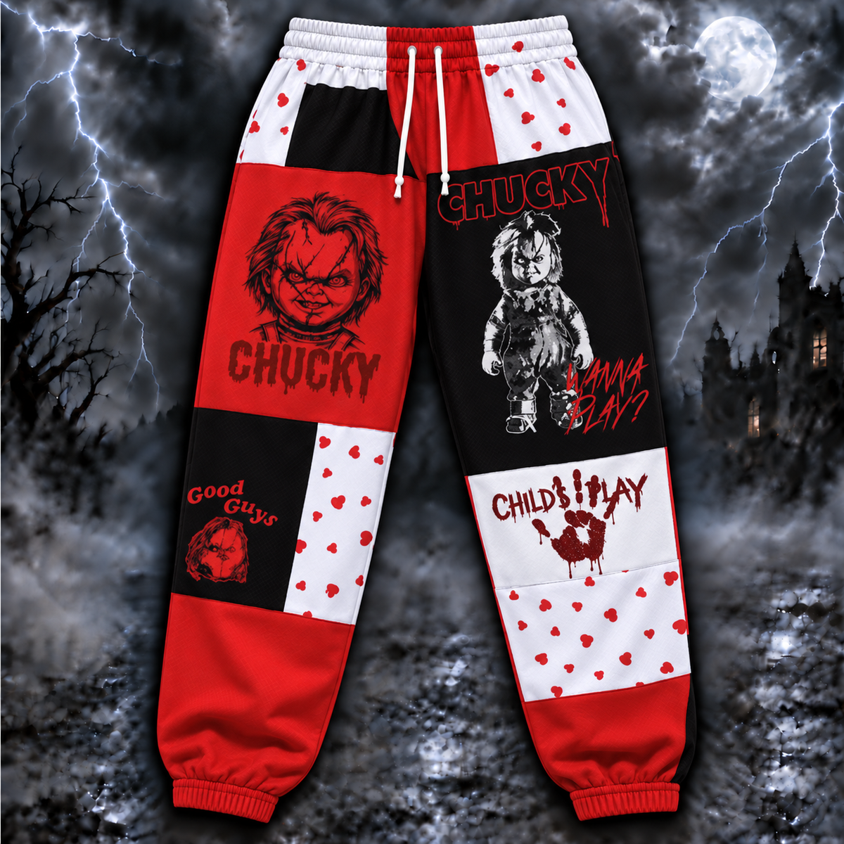 Chucky Child’s Play Jogger Pants, Red Black & White Patchwork Print Lounge Pants