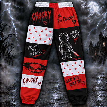 Chucky Child’s Play Jogger Pants, Red Black & White Patchwork Print Lounge Pants