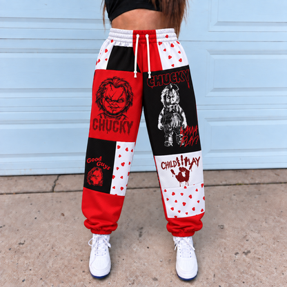 Chucky Child’s Play Jogger Pants, Red Black & White Patchwork Print Lounge Pants