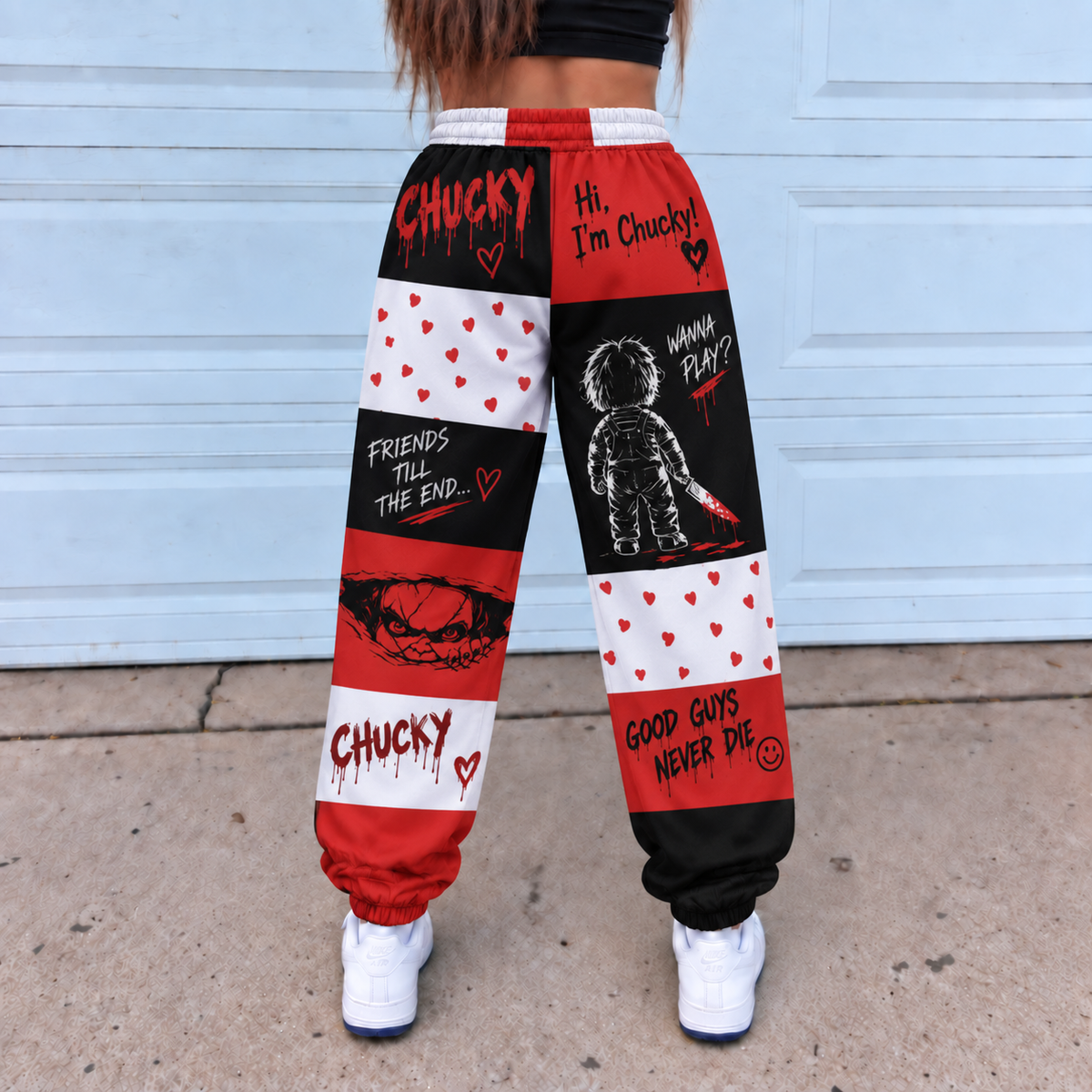 Chucky Child’s Play Jogger Pants, Red Black & White Patchwork Print Lounge Pants
