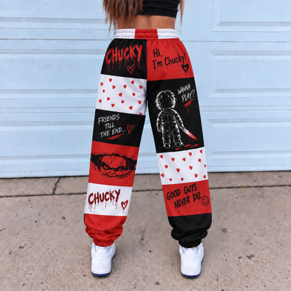Chucky Child’s Play Jogger Pants, Red Black & White Patchwork Print Lounge Pants