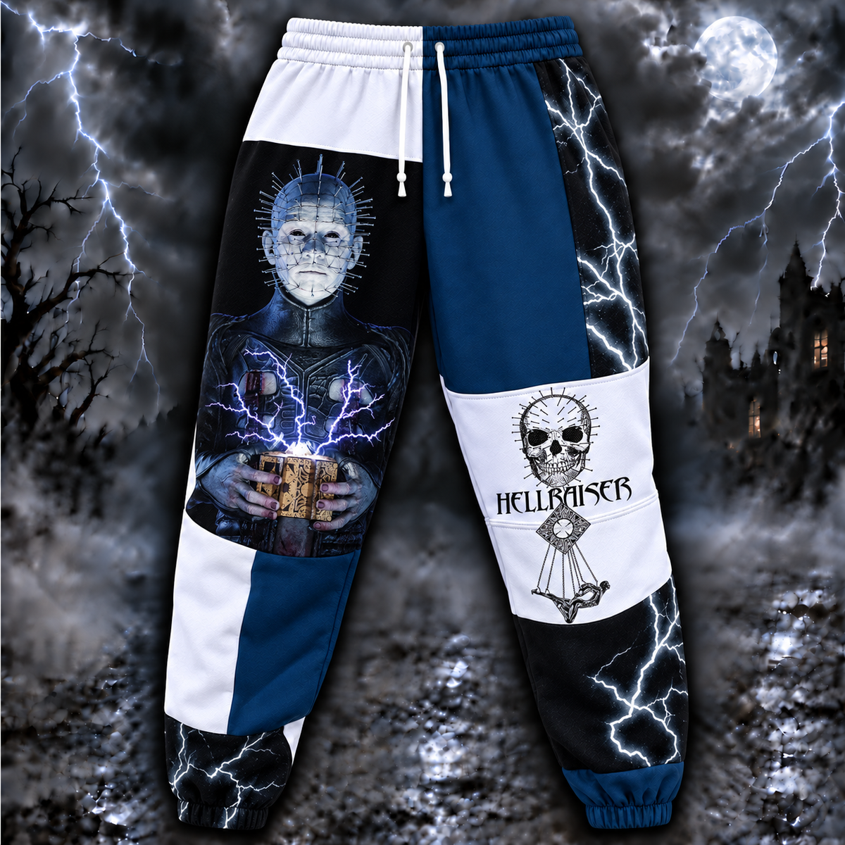 Hellraiser Pinhead Jogger Pants, Blue & White Lightning Patchwork Print Lounge Pants