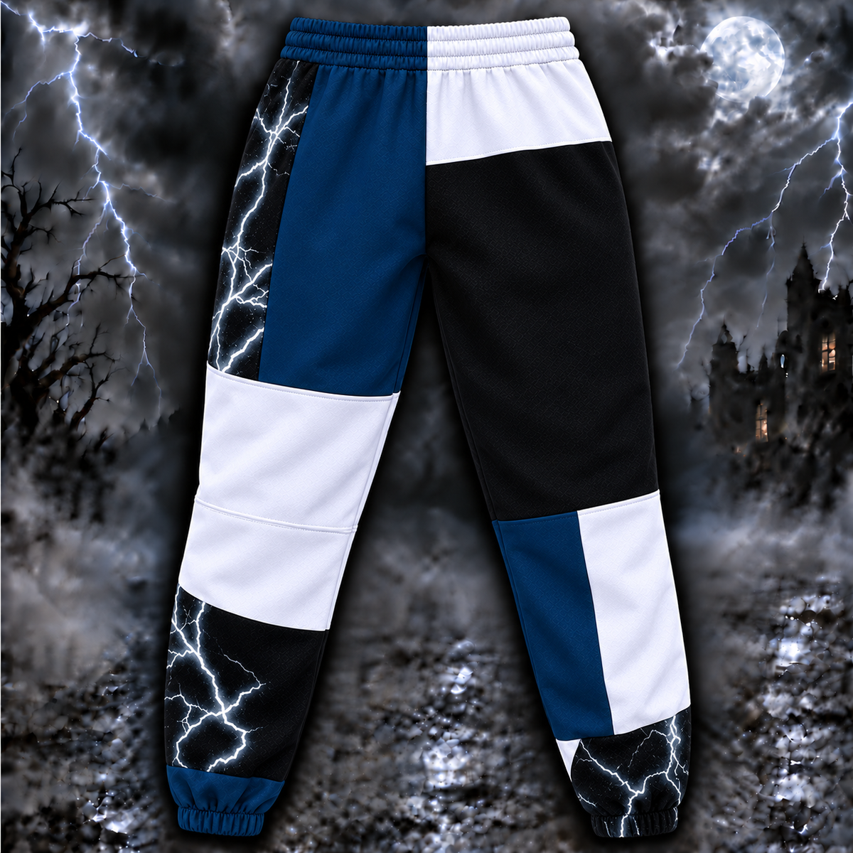 Hellraiser Pinhead Jogger Pants, Blue & White Lightning Patchwork Print Lounge Pants
