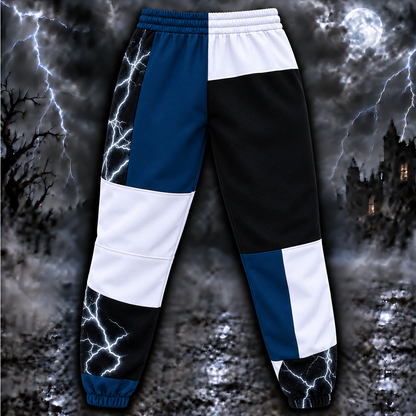 Hellraiser Pinhead Jogger Pants, Blue & White Lightning Patchwork Print Lounge Pants