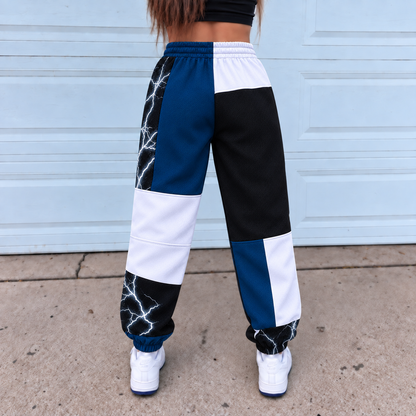 Hellraiser Pinhead Jogger Pants, Blue & White Lightning Patchwork Print Lounge Pants