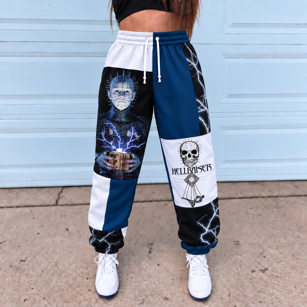 Hellraiser Pinhead Jogger Pants, Blue & White Lightning Patchwork Print Lounge Pants