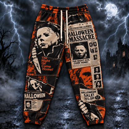 Michael Myers Halloween Jogger Pants, Horror Newspaper Print Lounge Pants
