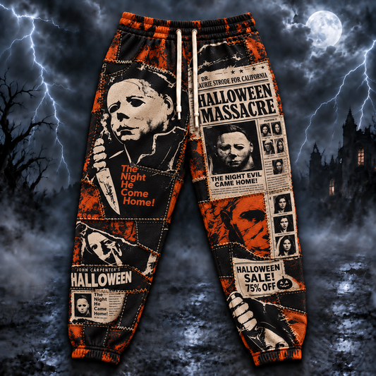 Michael Myers Halloween Jogger Pants, Horror Newspaper Print Lounge Pants