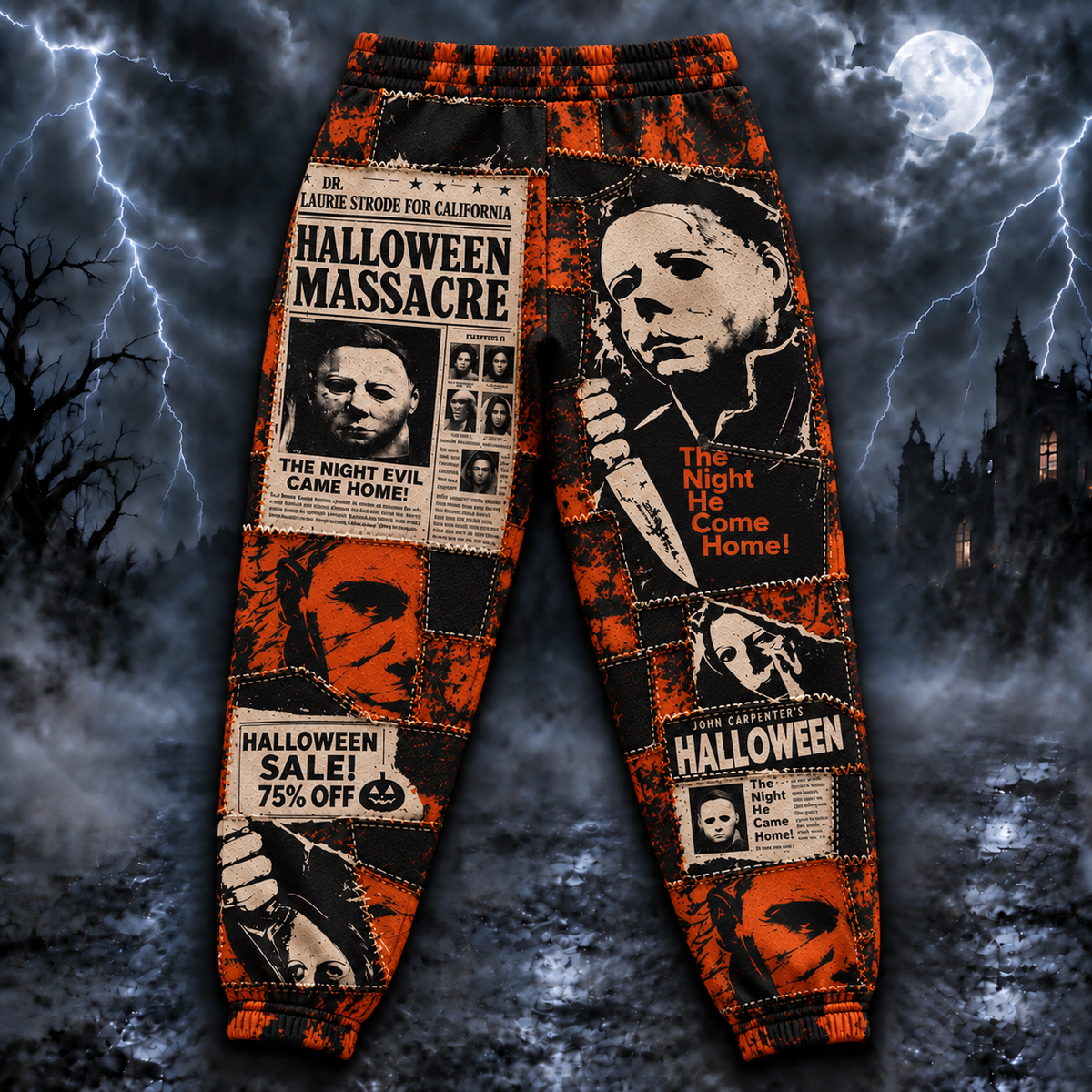 Michael Myers Halloween Jogger Pants, Horror Newspaper Print Lounge Pants