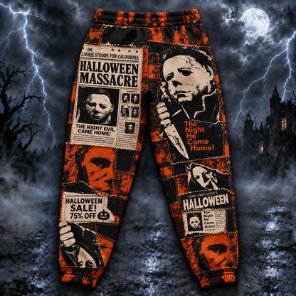 Michael Myers Halloween Jogger Pants, Horror Newspaper Print Lounge Pants
