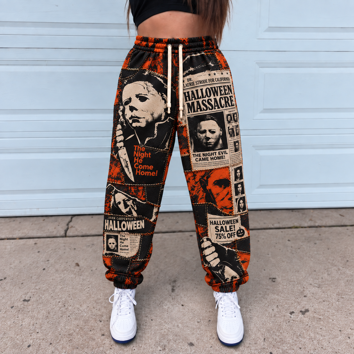 Michael Myers Halloween Jogger Pants, Horror Newspaper Print Lounge Pants