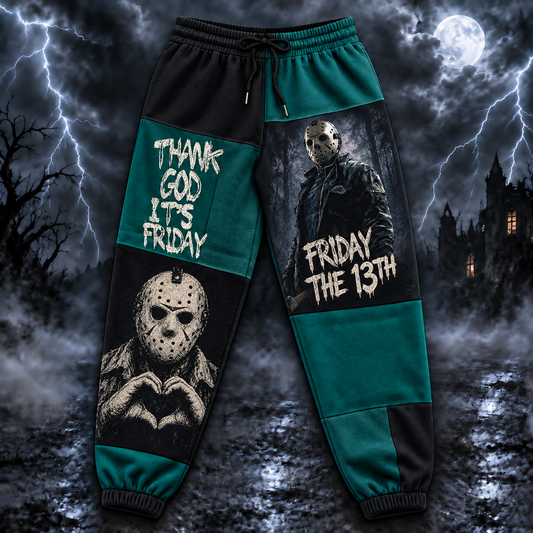 Jason Voorhees Friday the 13th Jogger Pants, Black & Teal Patchwork Print Lounge Pants