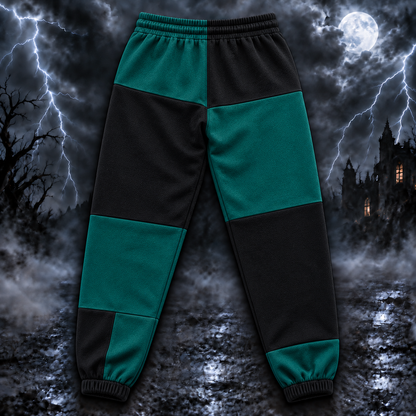 Jason Voorhees Friday the 13th Jogger Pants, Black & Teal Patchwork Print Lounge Pants