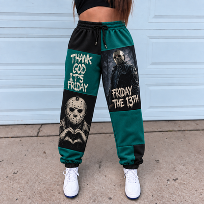Jason Voorhees Friday the 13th Jogger Pants, Black & Teal Patchwork Print Lounge Pants