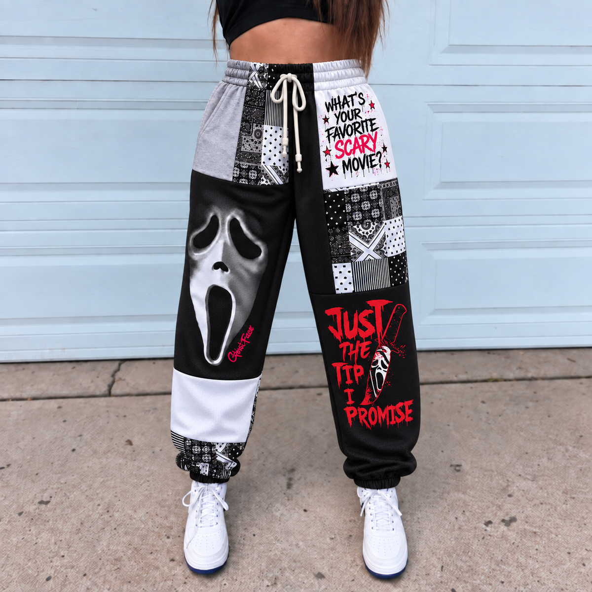 Ghostface Scream Jogger Pants, Black & White Patchwork Print Lounge Pants