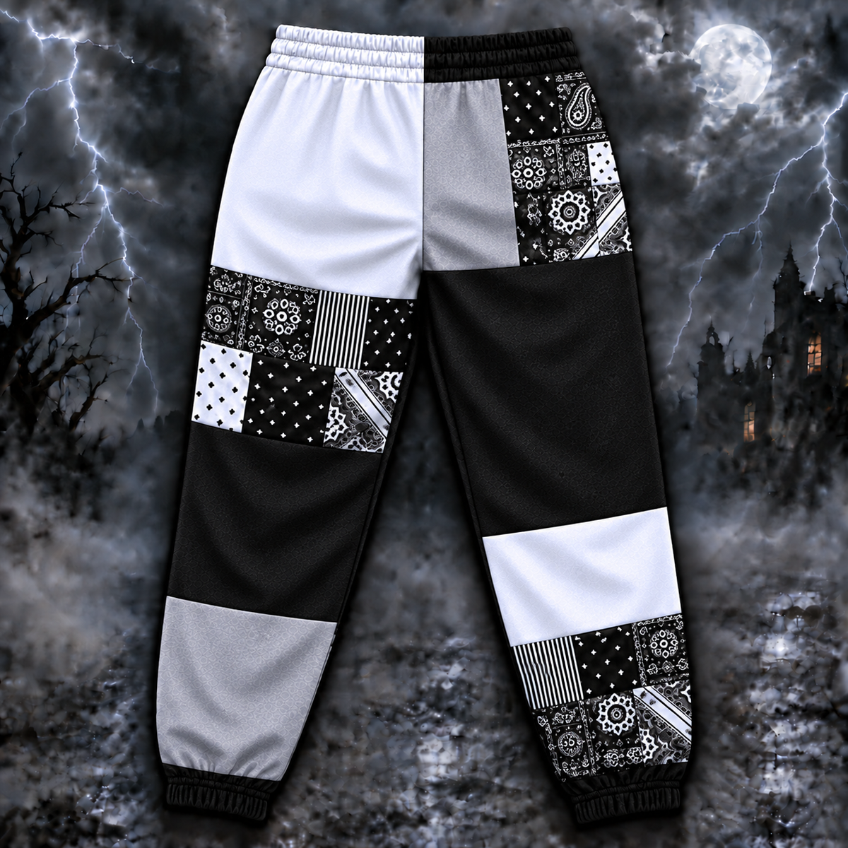 Ghostface Scream Jogger Pants, Black & White Patchwork Print Lounge Pants