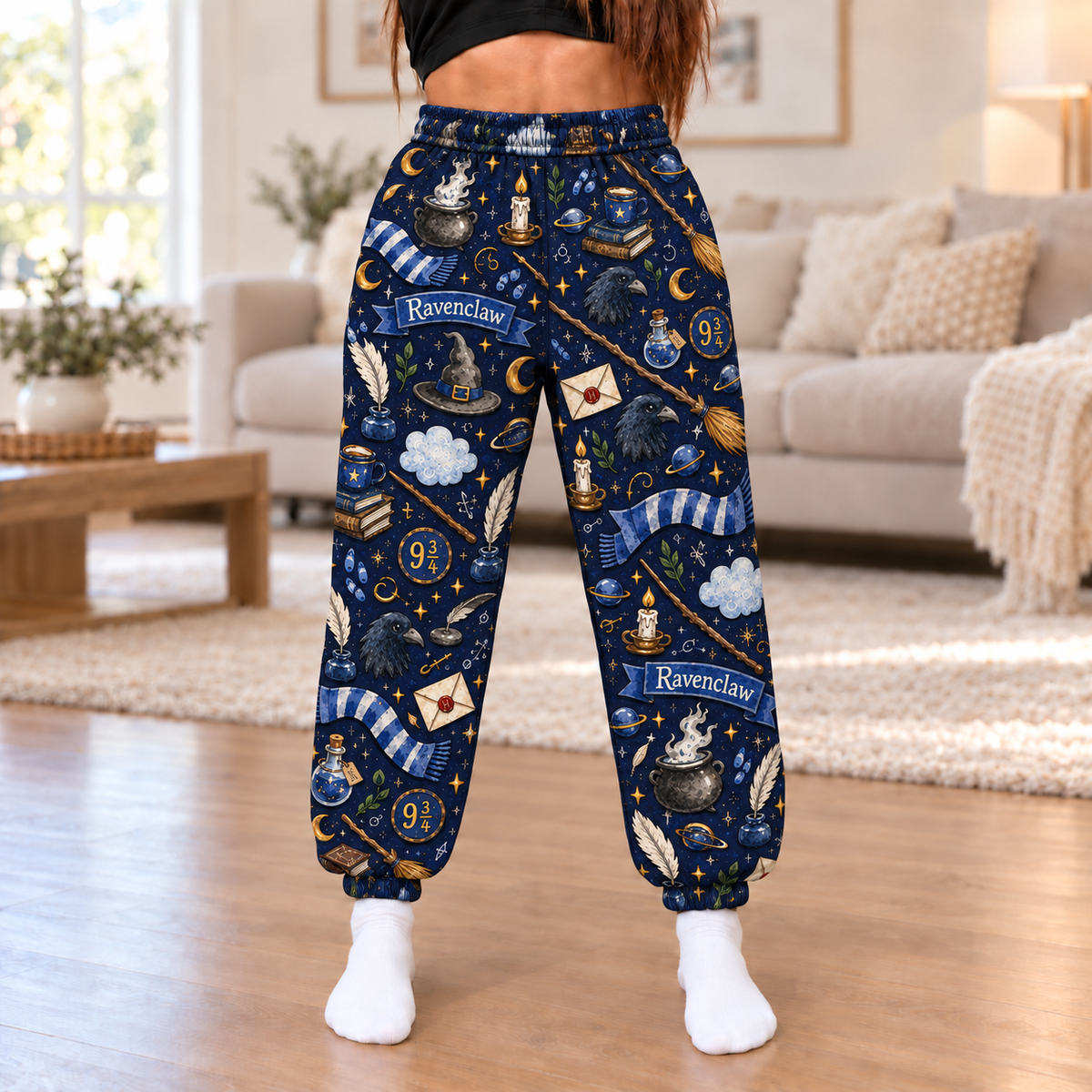 Harry Potter Ravenclaw Jogger Pants, Navy Blue Wizard Print Lounge Pants
