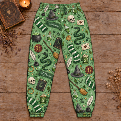 Harry Potter Slytherin Jogger Pants, Green Wizard Print Lounge Pants