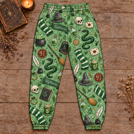Harry Potter Slytherin Jogger Pants, Green Wizard Print Lounge Pants
