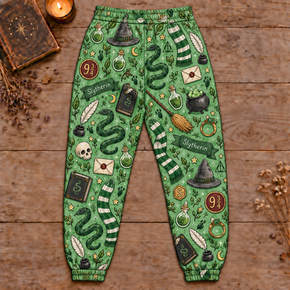 Harry Potter Slytherin Jogger Pants, Green Wizard Print Lounge Pants