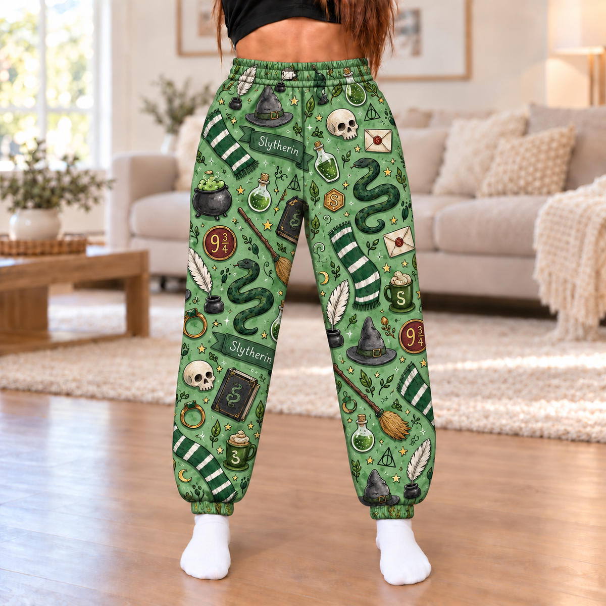 Harry Potter Slytherin Jogger Pants, Green Wizard Print Lounge Pants