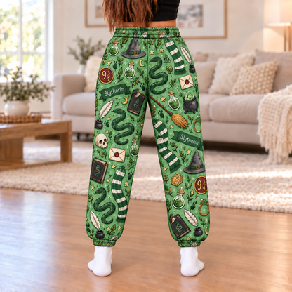 Harry Potter Slytherin Jogger Pants, Green Wizard Print Lounge Pants